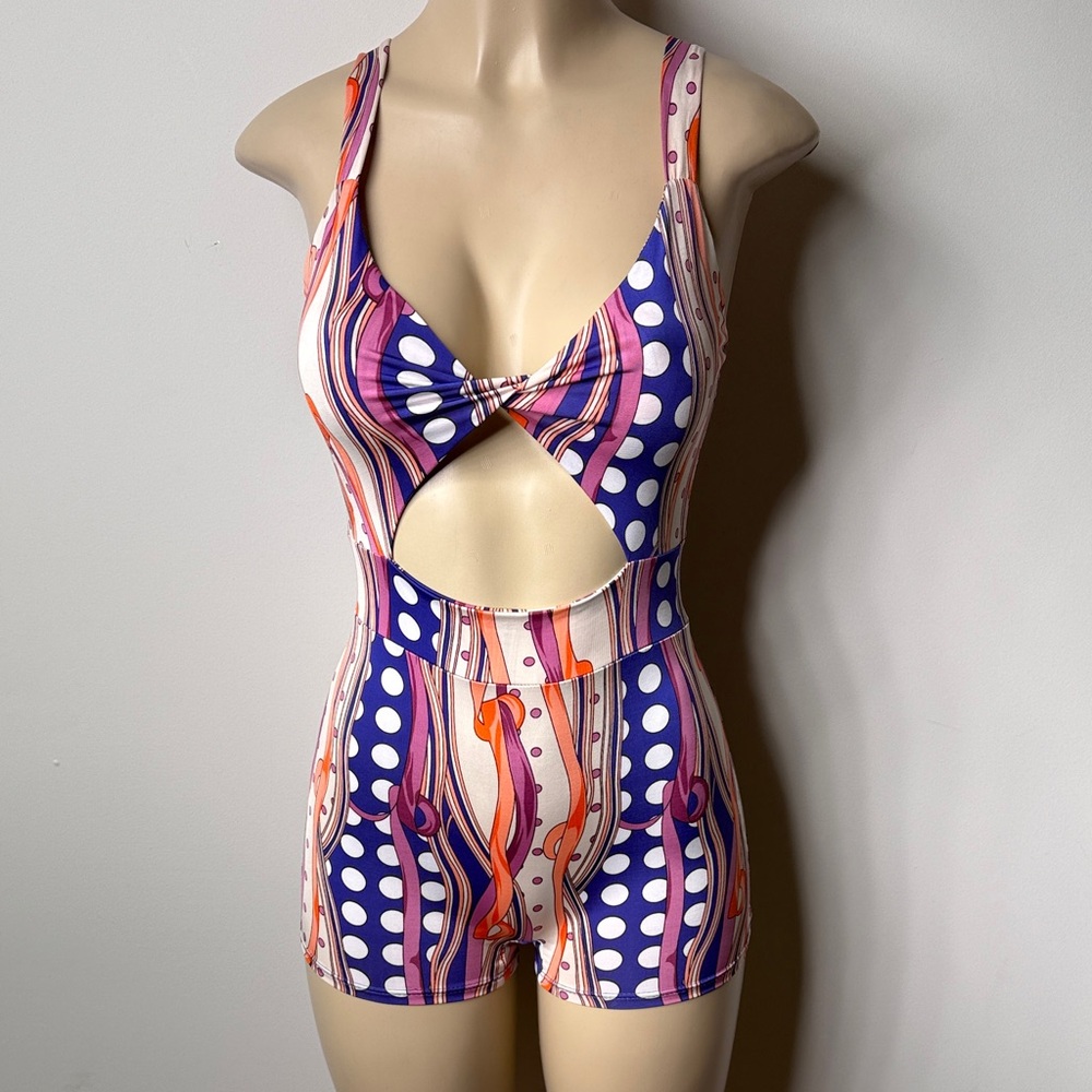Cutout Polka Dot Stripe Romper - Purple & Pink